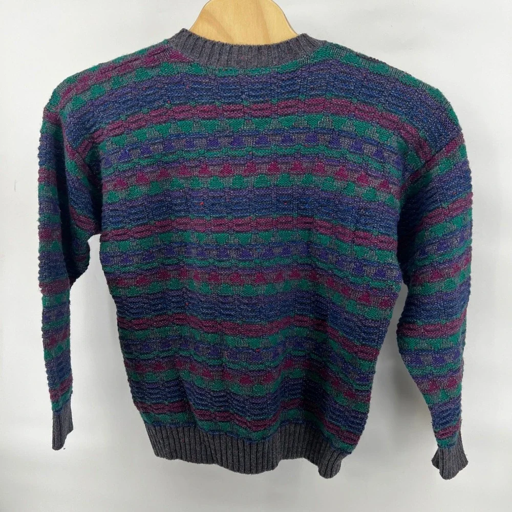 Vintage Wool Knit Sweater Oversized Striped Geometric Crew Neck Teal Purple M/L